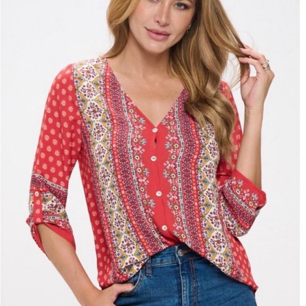 West Kei Red Printed V-Neck Button Front Blouse